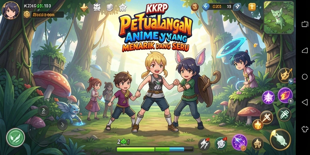 Screenshot gameplay KKRP yang menampilkan karakter anime dalam pertempuran seru.