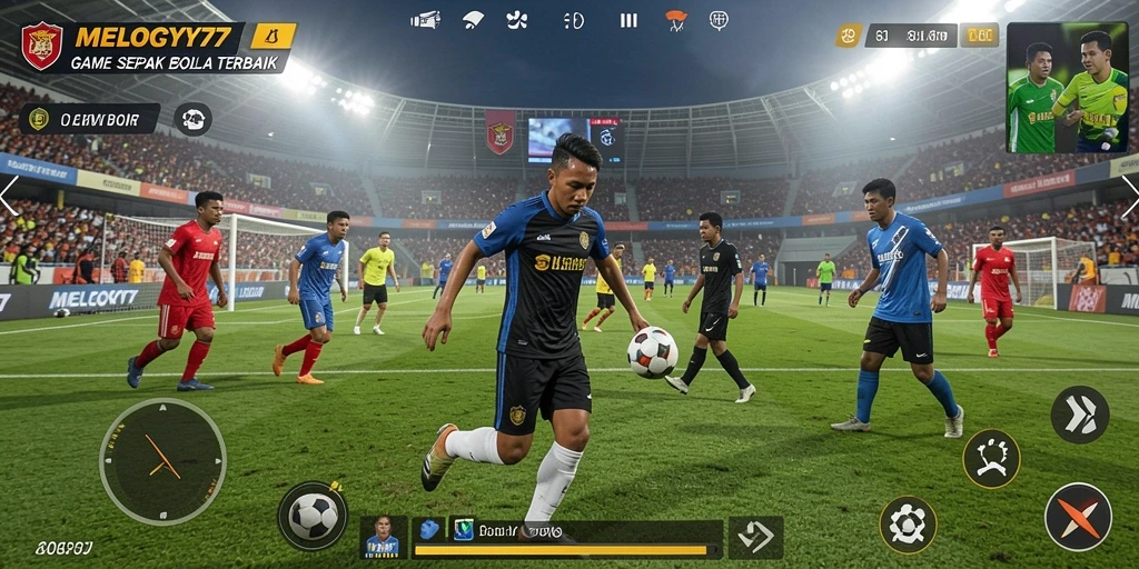 Tampilan gameplay seru dalam MELODY77 di lapangan sepak bola.
