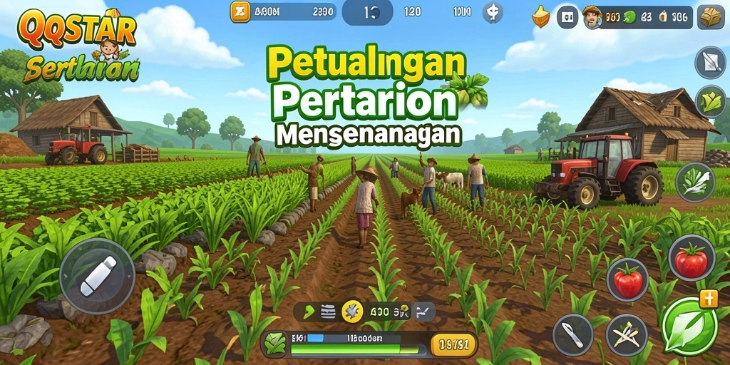 Gameplay QQSTAR yang menarik dengan aktivitas bertani yang seru.