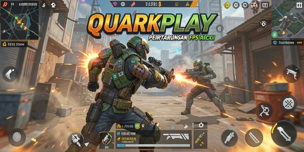 Screenshot gameplay QUARKPLAY menampilkan aksi tembak-menembak yang intens.