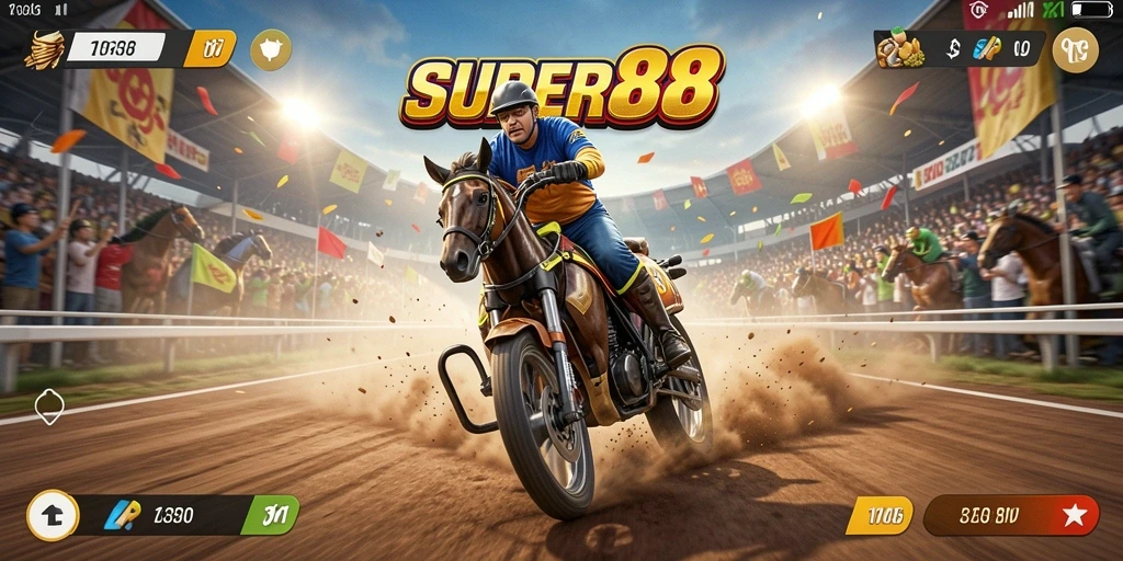 Gameplay SUPER88 yang penuh aksi dan balapan seru.
